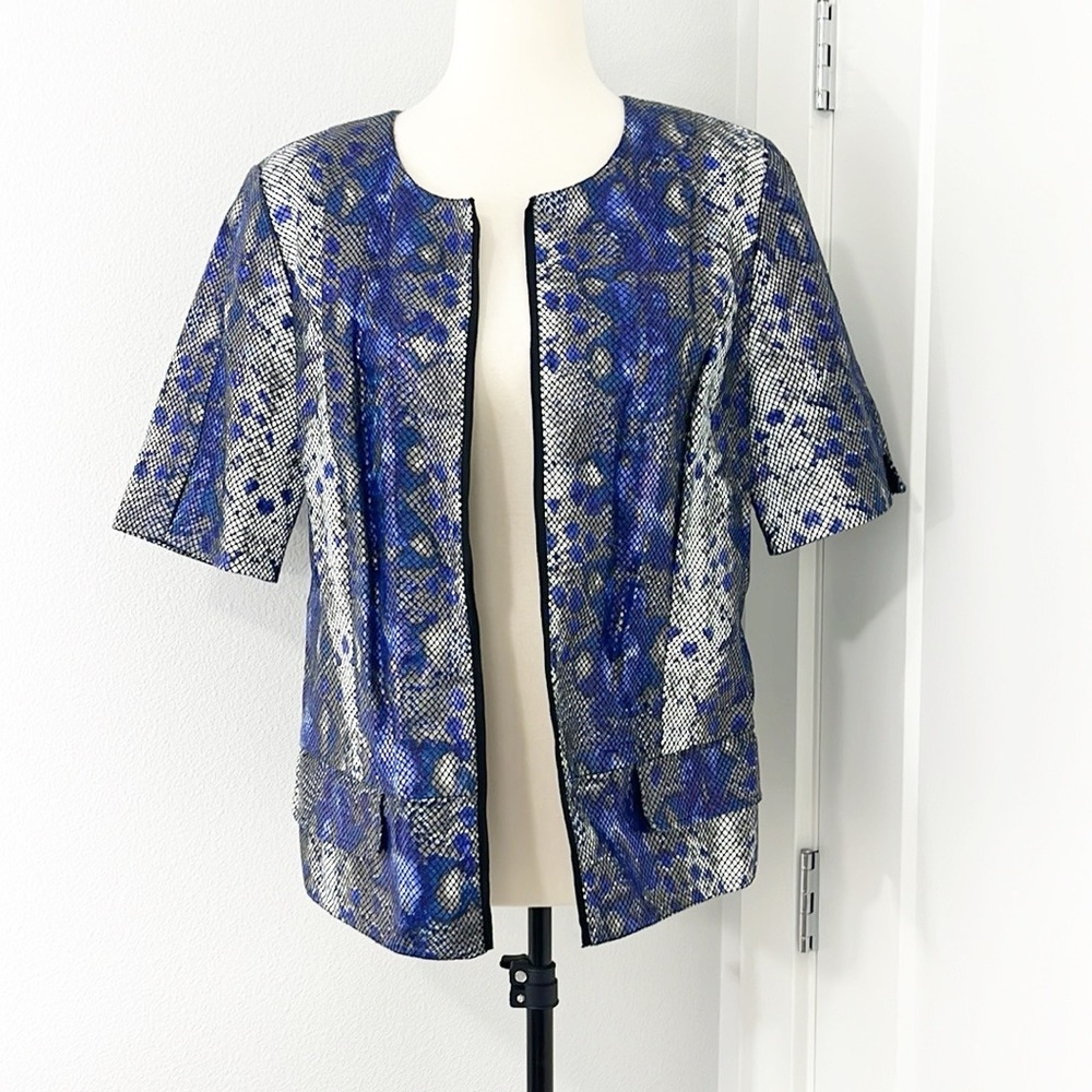 Yansi Fugel Medium Blue, Gray Sparkle Snakeskin Open Front Jacket Top Pockets